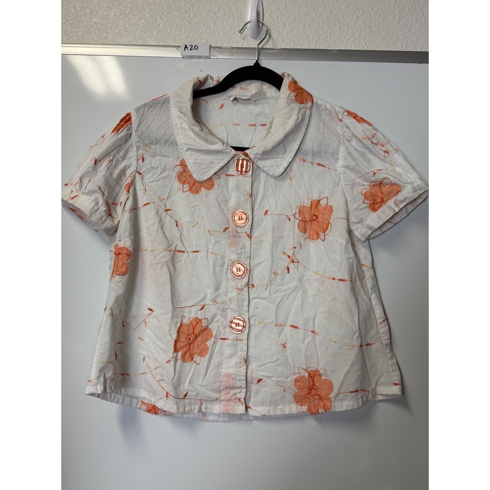 Harve Benard White Orange Floral Embroidered Button Down Shirt Medium